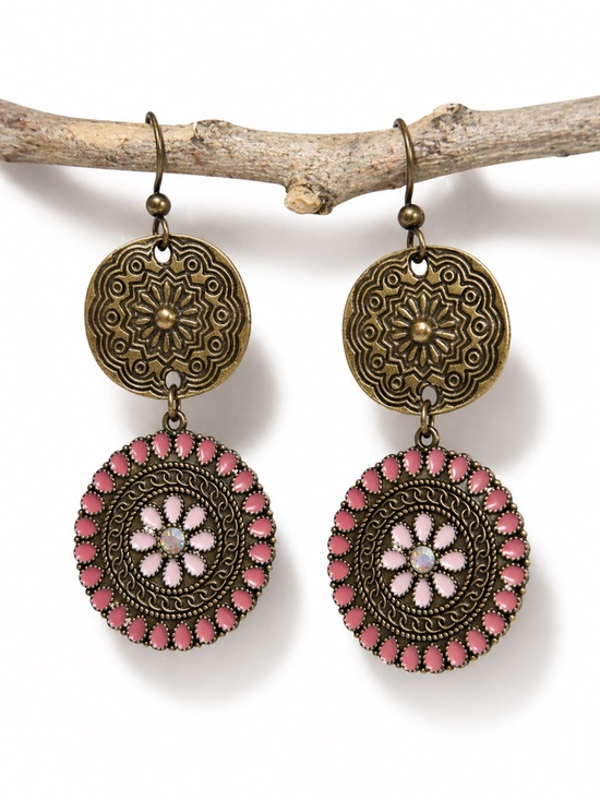 Hand Crafted Jewelry - Boho Bronze Pink Medallion Earrings, Floral Dangle, Statement Artisan